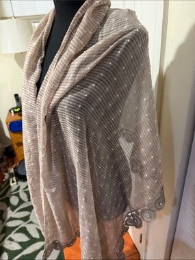 Elegant Taupe Scalloped-Edge Sequin Wrap Scarf